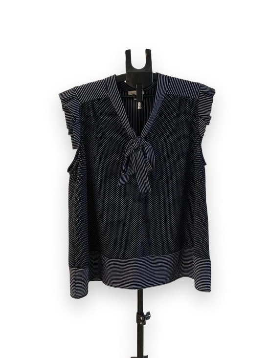 Monteau Tops - Monteau Navy and White Polka Dot Tie-Neck Blouse